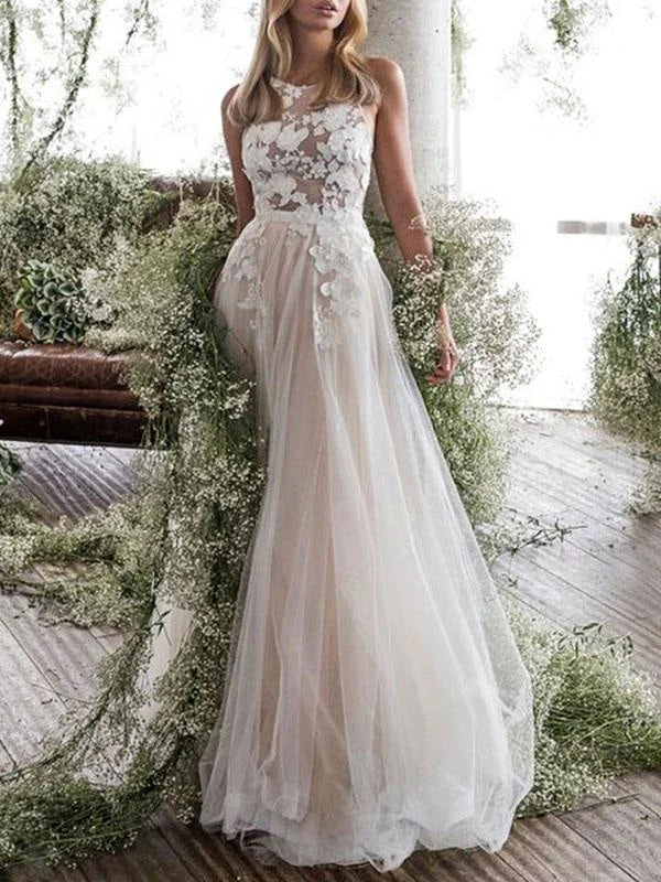 Wedding Dress Jewel Neck A Line Sleeveless Flowers Floorlength Backless Bridal Gowns Modern Lace Gown