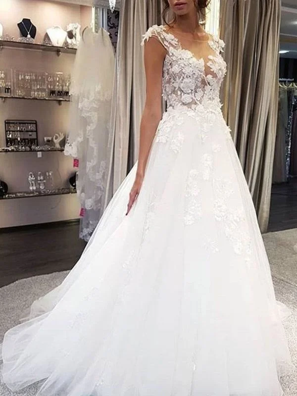 Wedding Dress Jewel Neck Sleeveless Lace Flora A Line Tulle Bridal Gowns For Beach Wedding Modern Bridal Gown