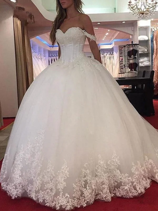 Wedding Dress Princess Silhouette Sweetheart Neck Sleeveless Natural Waist Applique Tulle Bridal Dresses Sparkling Bridal Gown