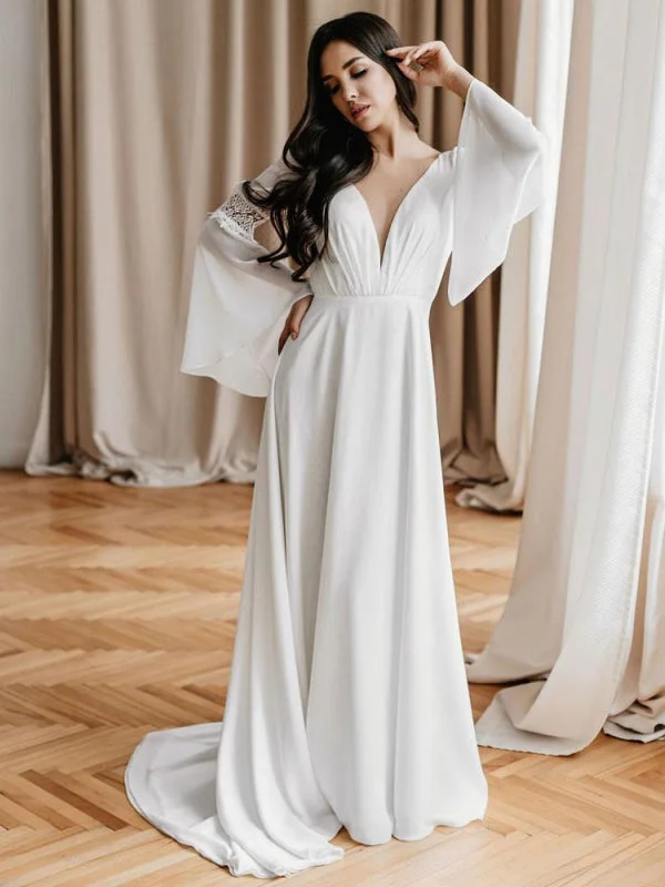 White Simple Wedding Dress With Train A-Line V-Neck Long Sleeves Backless Chains Natural Waist Bridal Gowns Elegant Satin Dress