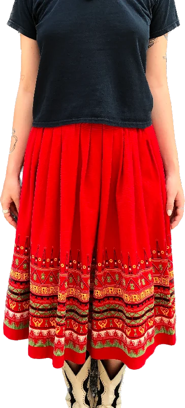 1950s Red Corduroy Design Hem Skirt        W27 Preppy unclassified skirts