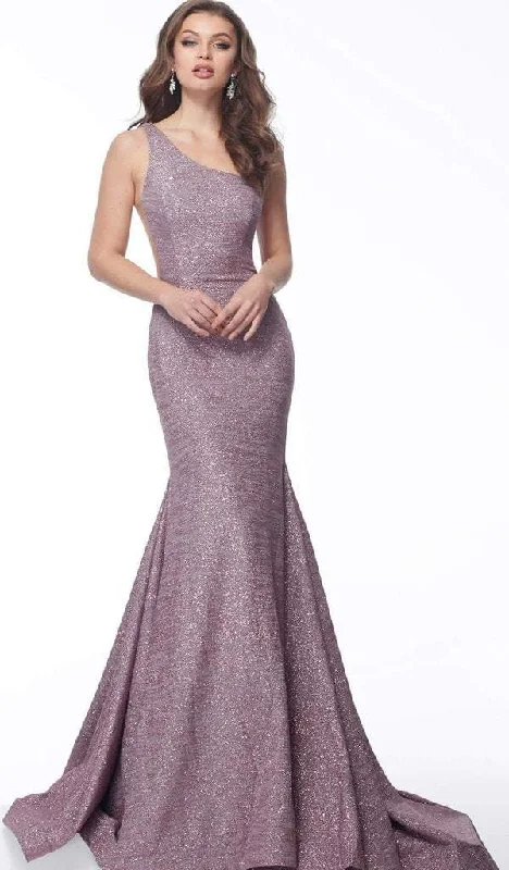 Jovani - Asymmetric Stretch Glitter Mermaid Evening Gown 67650SC - 2 pcs Mauve in Size 4 and 22 Available Smocked party dresses