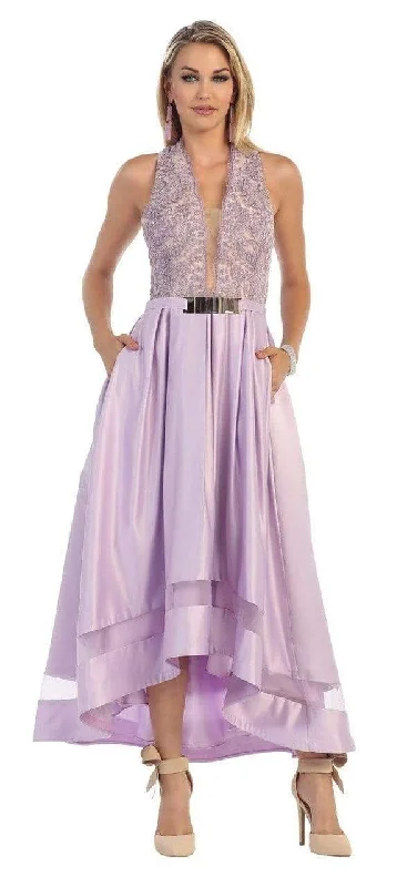 May Queen - Lace Plunging Halter High Low Evening Gown RQ7354 - 1 pc Lilac In Size 4 Available Women's party dresses