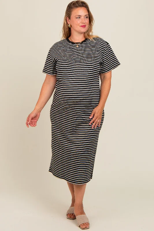 Black Striped Short Sleeve Maternity Plus T-Shirt Midi Dress Flattering midi dresses for all body types