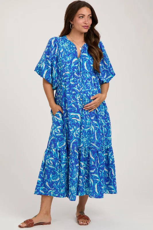 Blue Floral Tiered Maternity Midi Dress Off-shoulder midi dresses