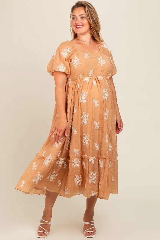 Camel Floral Print Ruffle Hem Maternity Plus Midi Dress Party midi dresses