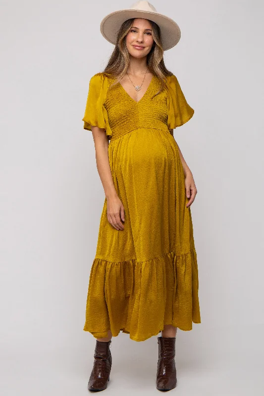 Gold Satin Smocked Maternity Midi Dress Sleeveless midi dresses