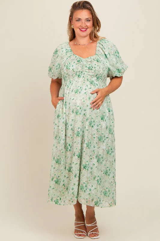 Green Floral Smocked Sweetheart Neck Short Puff Sleeve Maternity Plus Midi Dress Strapless midi dresses