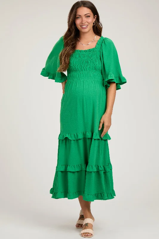 Green Smocked Ruffle Tiered Maternity Midi Dress Versatile midi dresses for all occasions