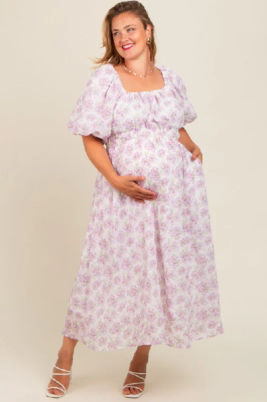 Lavender Floral Puff Sleeve Maternity Plus Midi Dress Cotton midi dresses