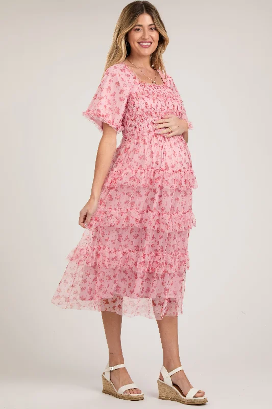 Pink Floral Tulle Smocked Ruffle Tiered Maternity Midi Dress Best midi dresses for casual wear