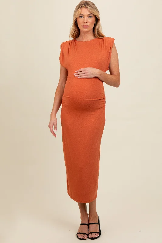 Rust Padded Shoulder Fitted Maternity Midi Dress Lace midi dresses