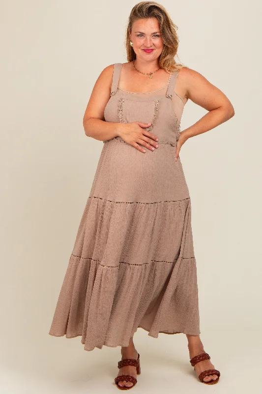 Taupe Front Pocket Tiered Overall Maternity Plus Midi Dress Sexy little black midi dresses