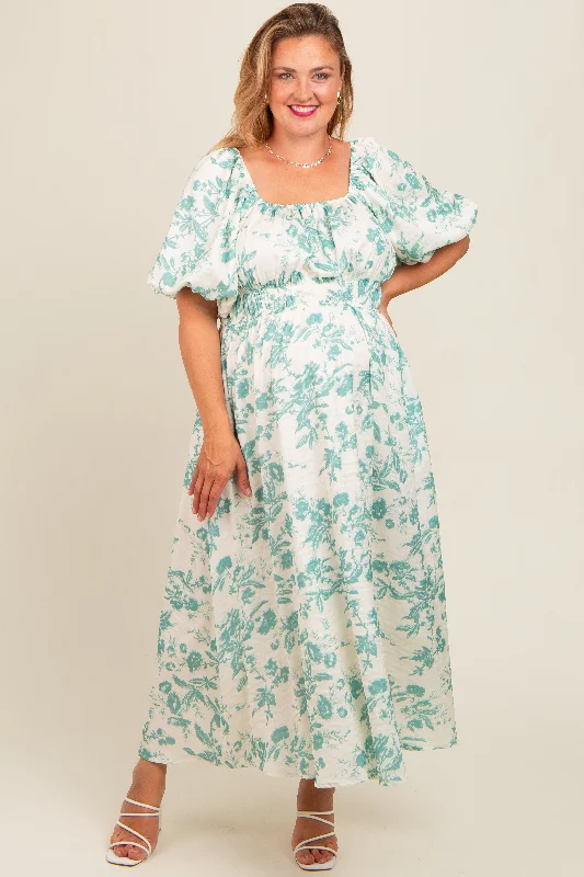 Teal Floral Puff Sleeve Maternity Plus Midi Dress Denim midi dresses