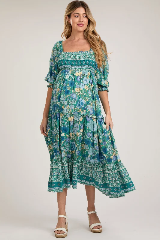 Teal Floral Smocked Half-Length Sleeves Maternity Midi Dress Fashion-forward midi dresses