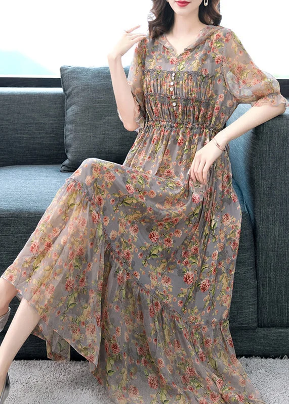 Beautiful Grey Ruffled Print Patchwork Silk Long Dresses Summer BB009 Smocked floral dresses