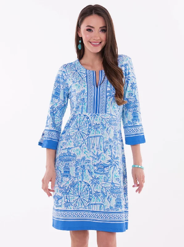 Happy Times Print Cotton Knit 3/4 Sleeve Slit Neck Dress Best floral dresses for curvy figures