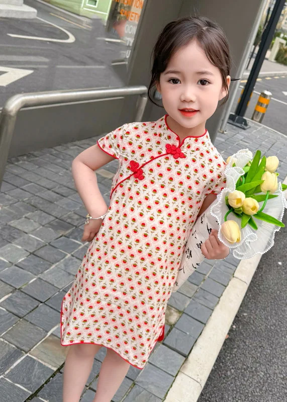 Chic Red Print Side Open Kids Holiday Long Dress Short Sleeve MN020 Edgy floral dresses