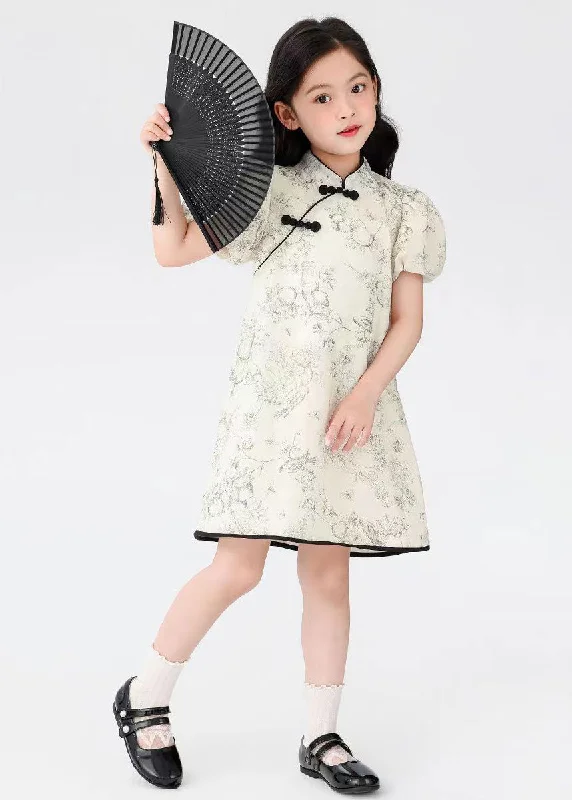 Chinese Style Beige Stand Collar Print Button Kids Mid Dress Short Sleeve MN024 Y2K floral dresses