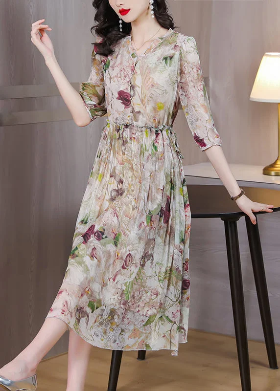 Classy V Neck Print Ruffled Drawstring Silk Dress Summer BB030 Anniversary floral dresses