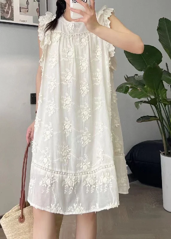 Cute Beige O-Neck Embroidered Floral Silk Cotton Mid Dress Summer BV024 Office floral dresses