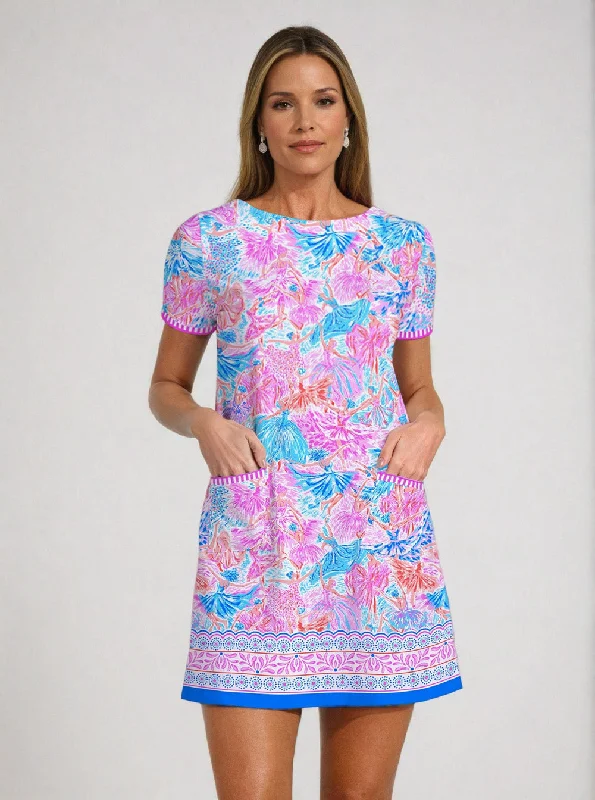 Dancing Queen Print Cotton Knit Short Sleeve Front Pipping Pocket Dress Cotton floral dresses