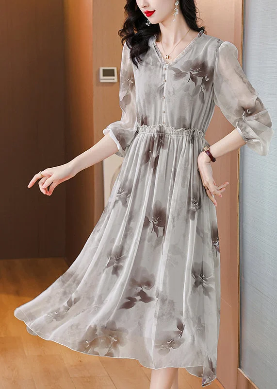 Elegant V Neck Print Ruffled Silk Chiffon Dresses Lantern Sleeve BB006 Bodycon floral dresses