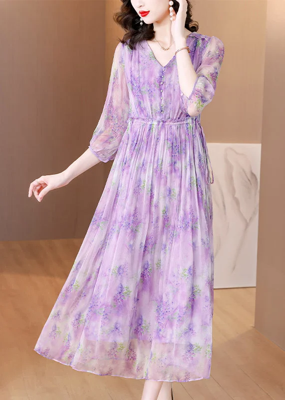 French Purple V Neck Ruffled Print Silk Dresses Summer BB020 Birthday floral dresses