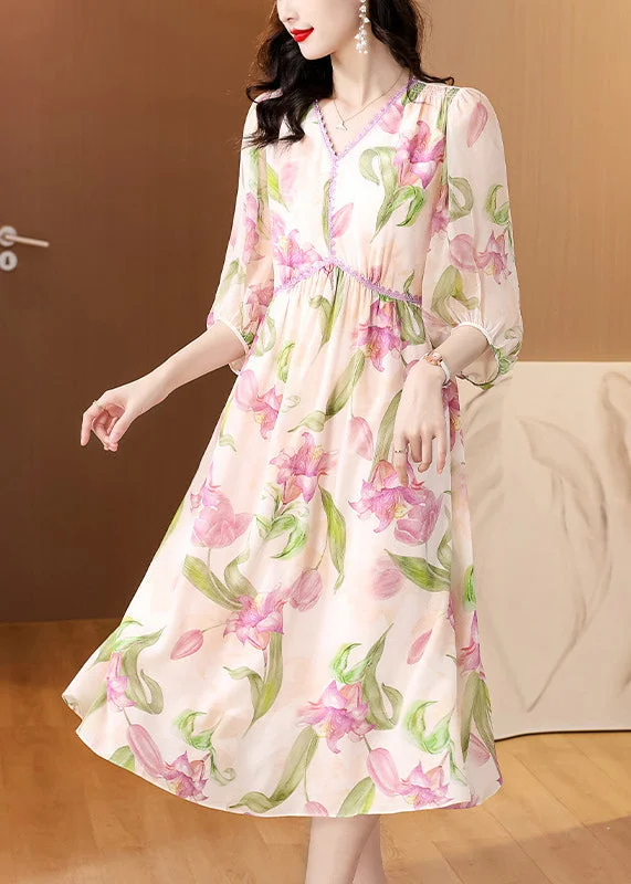 French V Neck Print Silk Dresses Lantern Sleeve BB013 Tiered floral dresses