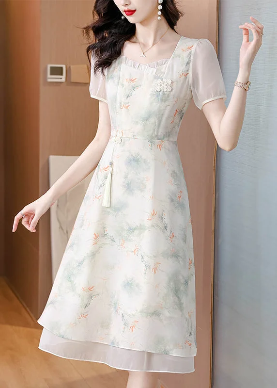 Italian Beige Ruffled Square Collar Print Chiffon Dresses Summer BB007 Wrap floral dresses