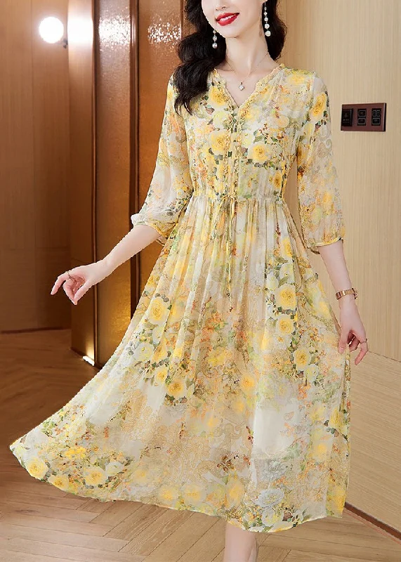 Italian Yellow V Neck Print Drawstring Silk Dresses Summer BB029 Wedding floral dresses