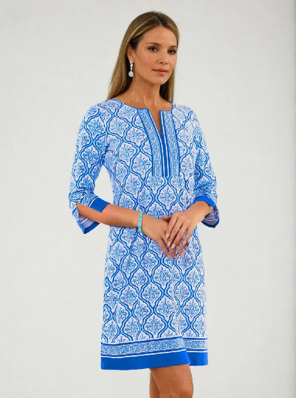 karizma Print Cotton Knit 3/4 Sleeve Slit Neck Dress Best floral dresses for plus size