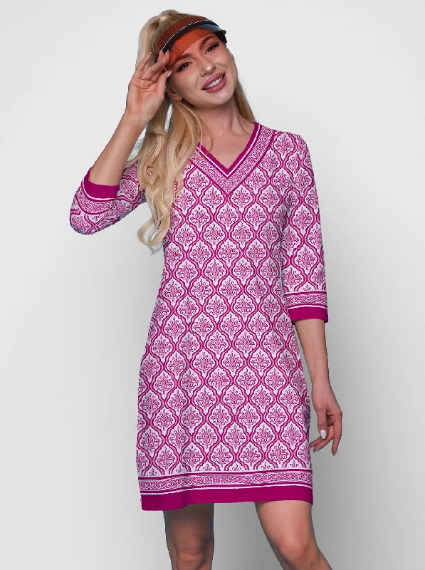 Karizma Print Cotton Knit 3/4 Sleeve V-Neck Dress Petite floral dresses