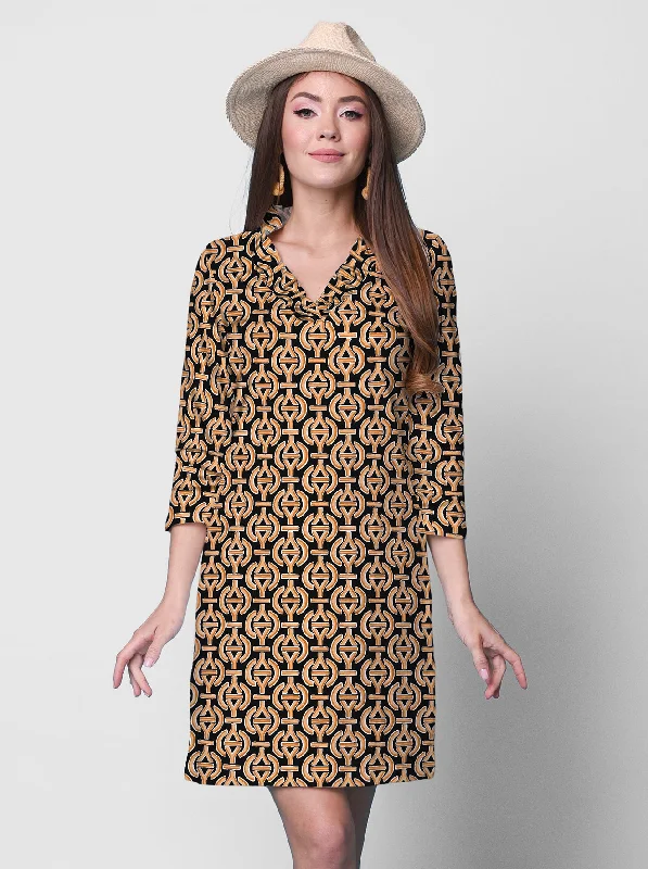 Lockin Print Cotton Knit 3/4 Sleeve Ruffle Portrait Neck Dress Long floral dresses