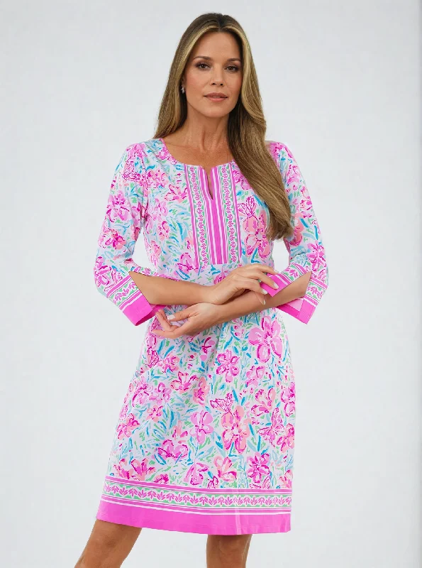 Mariposa Print Cotton Knit 3/4 Sleeve Slit Neck Dress Best floral dresses for outdoor weddings