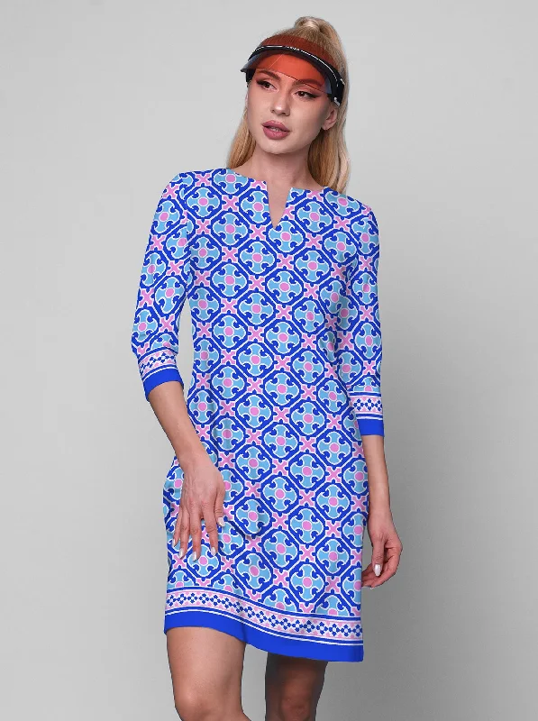 Monika Print Cotton Knit 3/4 Sleeve Palm Beach Shift Dress Midi floral dresses