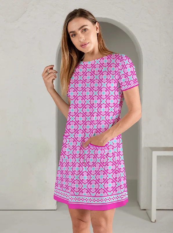 Monika Print Cotton Knit Short Sleeve Front Piping Pocket Dress Maxi floral dresses