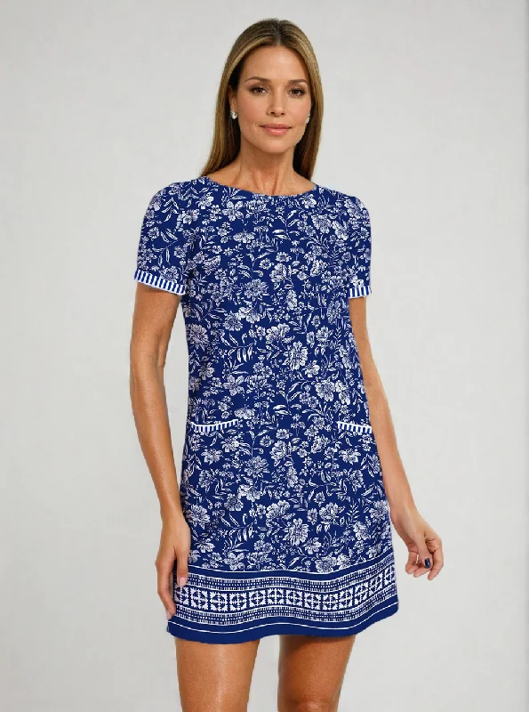 Natalia Print Cotton Knit Short Sleeve Front Piping Pocket Dress Floral dresses under $50