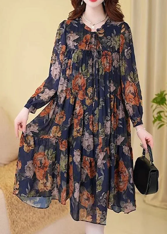 New Navy Print Wrinkled Cotton Long Dresses Long Sleeve MN073 Boohoo floral dresses