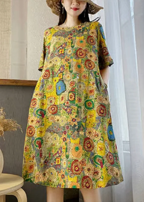 New Yellow O Neck Print Pockets Cotton Dresses Summer VV007 Budget-friendly floral dresses