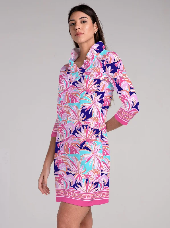 Palm Forest Print Cotton Knit 3/4 Sleeve Ruffle Portrait Neck Dress Summer floral dresses