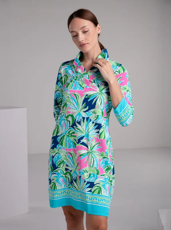 Palm Forest Print Cotton Knit 3/4 Sleeve Ruffle Portrait Neck Dress Linen floral dresses