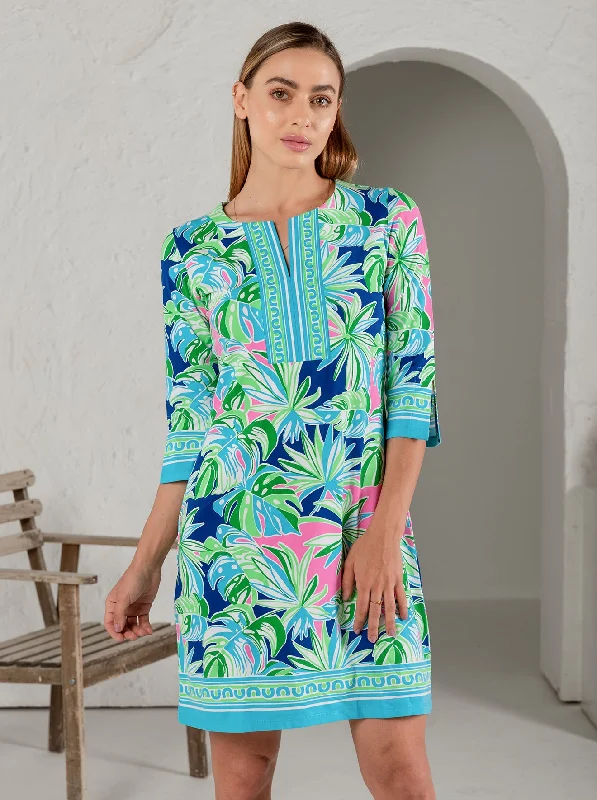 Palm Forest Print Cotton Knit 3/4 Sleeve Slit Neck Dress Formal floral dresses