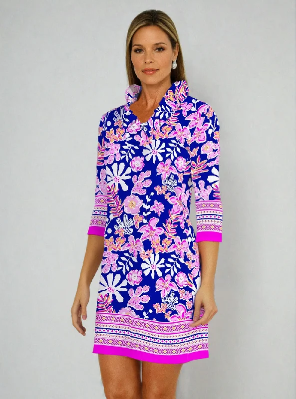 Paradise Island Print Cotton Knit 3/4 Sleeve Ruffle Portrait Neck Dress Floral dresses under $100