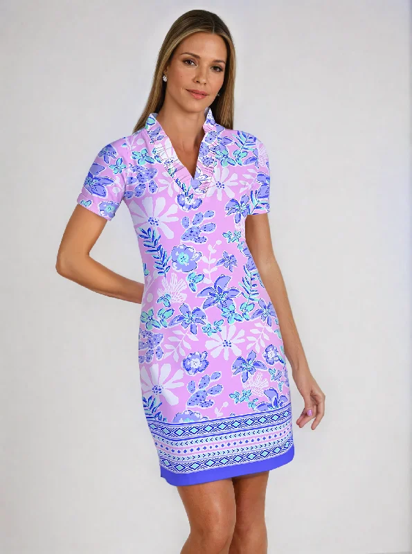 Paradise Island Print Cotton Knit Half Sleeve Ruffle Portrait Neck Dress Girls' floral dresses