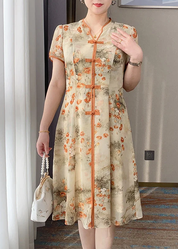 Retro Orange V Neck Print Chinese Button Silk Dress Summer BB014 A-line floral dresses