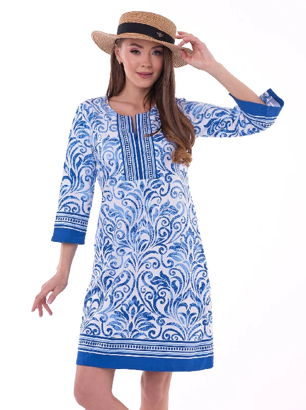 Sailsbury Print Cotton Knit 3/4 Sleeve Slit Neck Dress Best floral dresses for work