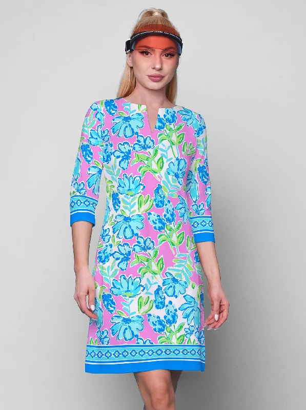 Tuscan Print Cotton Knit 3/4 Sleeve Palm Beach Shift Dress Satin floral dresses