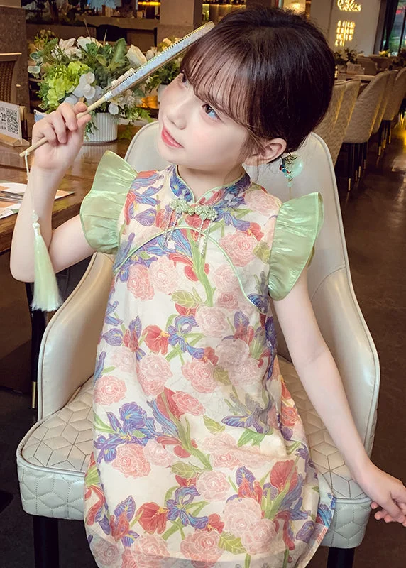 Unique Green Stand Collar Print Button Girls Mid Dresses Sleeveless MN028 Cottagecore floral dresses