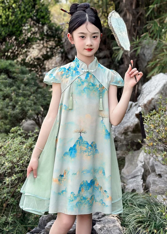 Vintage Green Print Chiffon Patchwork Kids Mid Dresses Short Sleeve MN029 Preppy floral dresses